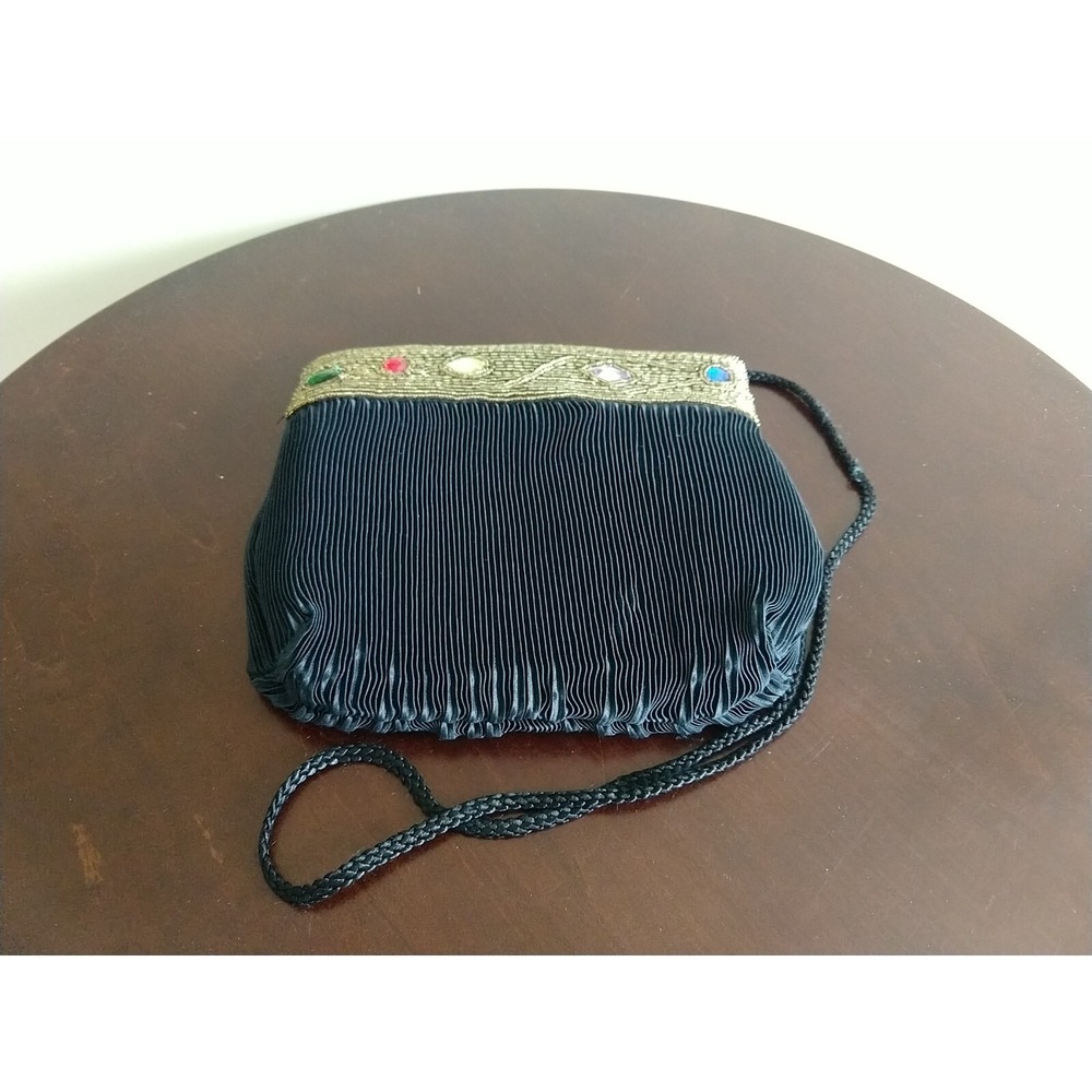 Michelle Stuart Handbag Purse Small Gold Sequin Bead & Jewels Black
